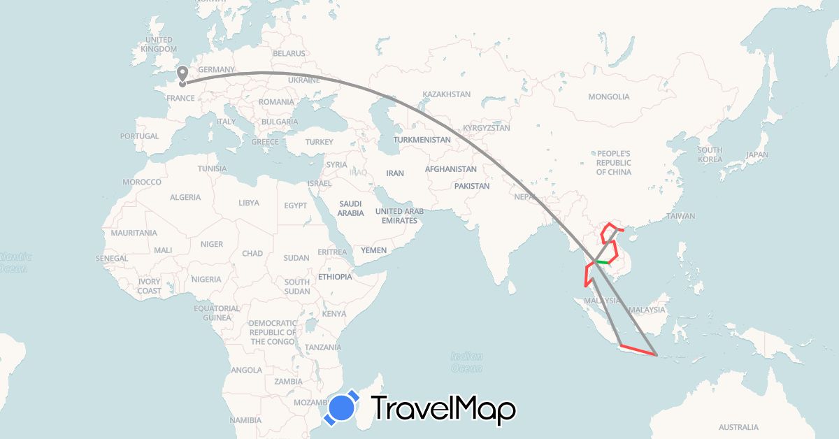 TravelMap itinerary: driving, bus, plane, hiking in France, Indonesia, Cambodia, Laos, Myanmar (Burma), Thailand, Vietnam (Asia, Europe)